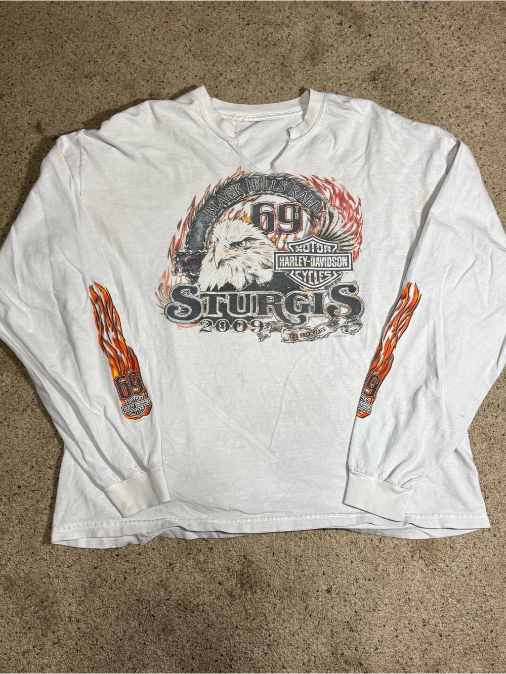 Harley-Davidson White Long Sleeve Sturgis 2009 Eagle Tee with Orange Flames